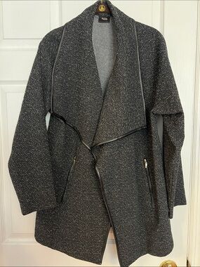 Rafaella Black Speckled Open-Front Coatigan with Faux-Leather Trim NWOT